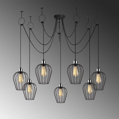 Industrial black chandelier, diameter 160 cm, adjustable height, 7 x E27 Max 40 W, metal housing, IP20, installation instructions included, perfect for nostalgic modern spaces, elegant and functional design