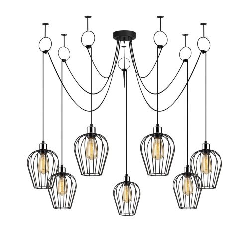 Industrial black chandelier, diameter 160 cm, adjustable height, 7 x E27 Max 40 W, metal housing, IP20, installation instructions included, perfect for nostalgic modern spaces, elegant and functional design