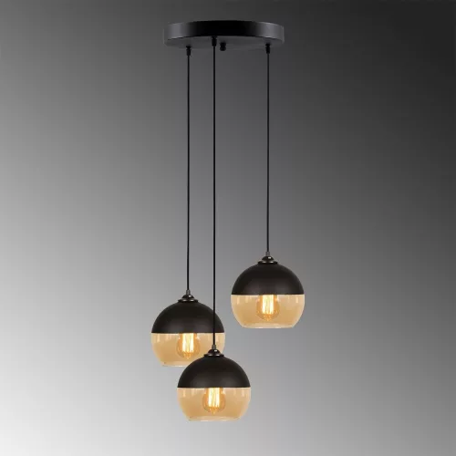 Industrial Scandinavian chandelier, black and honey, diameter 45 cm, height 116 cm | Adjustable height, 3 x E27 sockets, IP20 | Perfect for nostalgic home decor and modern spaces