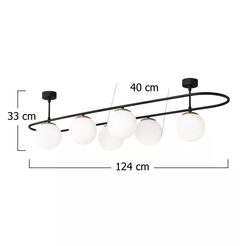 Modern industrial chandelier, black and white, 124 x 40 cm | Metal housing, glass cap, 6 x E27 Max 40W | Height: 33 cm, IP20 | Perfect for Scandinavian and modern decor, set up instructions included