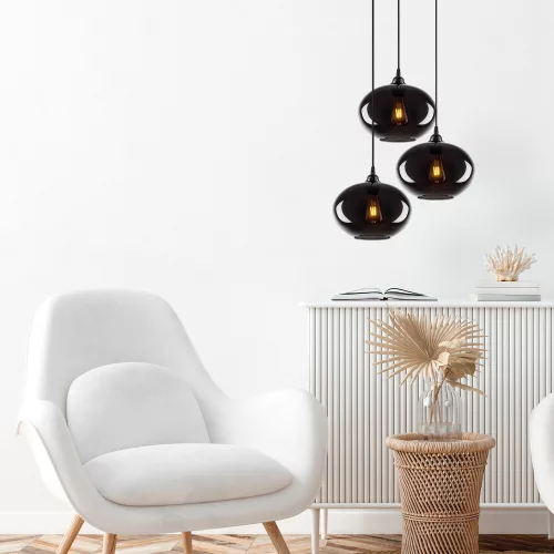 Industrial Scandinavian chandelier, smoke color, 61 x 61 cm, Height: 120 cm | Metal housing, glass cap, adjustable height, 3 x E27 Max 40W | Perfect for nostalgic home decor and modern spaces
