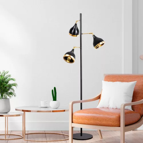 Modern floor lamp with metal housing, black and gold, 163 cm high, 52 cm diameter | 3 x E27 sockets, 40W Max | Stylish Scandinavian design for home and office, elegant and functional lighting solution