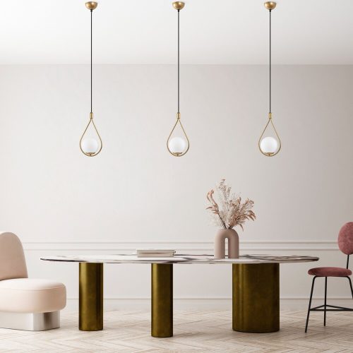 Elegant golden chandelier with adjustable height (56-136 cm), metal body and glass cap, Ø15 cm cap, Ø10 cm base, 90 cm cable, E27 socket (max. 40 W) | Perfect for modern living spaces, IP20 rated