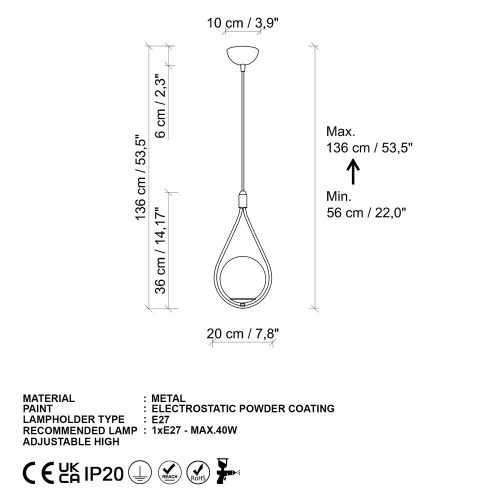 Elegant golden chandelier with adjustable height (56-136 cm), metal body and glass cap, Ø15 cm cap, Ø10 cm base, 90 cm cable, E27 socket (max. 40 W) | Perfect for modern living spaces, IP20 rated