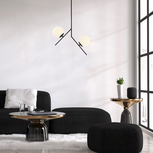 Industrial Scandinavian Chandelier, Black Metal Body, 43 x 15 cm, Height: 74 cm | 2 x E27 Max 40W | Elegant Glass Cap, IP20 | Perfect for Modern Living Spaces & Dining Areas