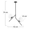 Industrial Scandinavian Chandelier, Black Metal Body, 43 x 15 cm, Height: 74 cm | 2 x E27 Max 40W | Elegant Glass Cap, IP20 | Perfect for Modern Living Spaces & Dining Areas
