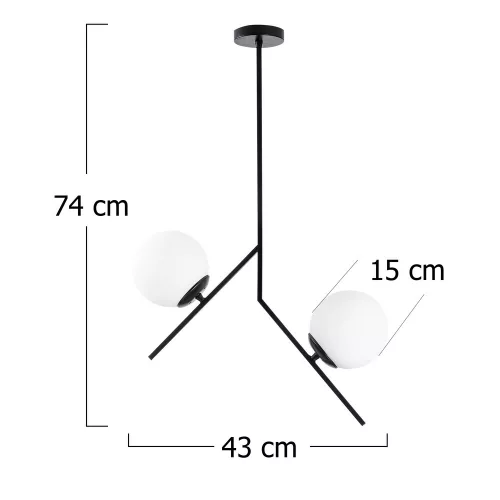 Industrial Scandinavian chandelier, black metal body, 43 x 15 cm, height: 74 cm | 2 x E27 Max 40W | Elegant glass cap, IP20 | Perfect for modern living spaces and dining rooms
