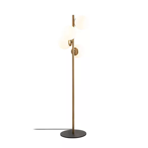 Scandinavian floor lamp, gold metal housing, 130 cm high, 32 x 32 cm base, 4 x E27 sockets (max. 40 W), elegant glass cap, 200 cm cable length, stylish lighting for modern interior design and living spaces