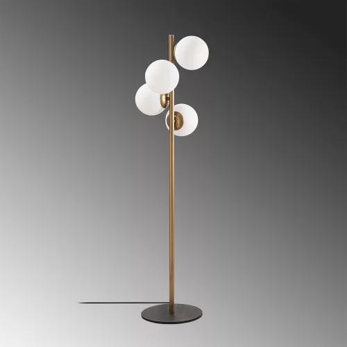 Scandinavian floor lamp, gold metal housing, 130 cm high, 32 x 32 cm base, 4 x E27 sockets (max. 40 W), elegant glass cap, 200 cm cable length, stylish lighting for modern interior design and living spaces
