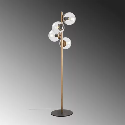 Scandinavian floor lamp, gold metal housing, 130 cm high, 32 x 32 cm base, 4 x E27 sockets (max. 40 W), elegant glass cap, 200 cm cable length, stylish lighting for modern interior design and living spaces
