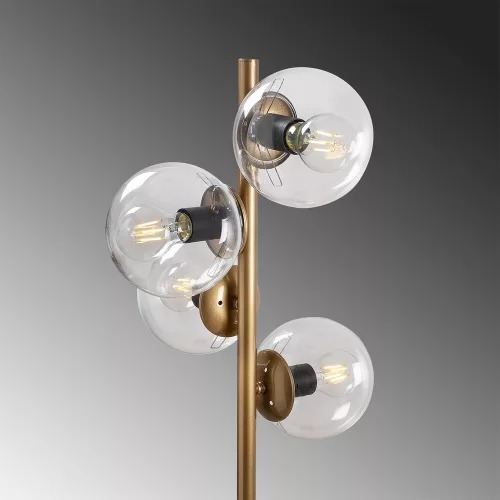 Scandinavian floor lamp, gold metal housing, 130 cm high, 32 x 32 cm base, 4 x E27 sockets (max. 40 W), elegant glass cap, 200 cm cable length, stylish lighting for modern interior design and living spaces