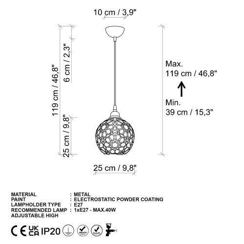 Opviq, 527ABY3197, Elegant gold chandelier, adjustable height 39-119 cm, metal housing, Ø25 cm, E27 socket (max. 40 W), stylish lighting for modern spaces, IP20 classification