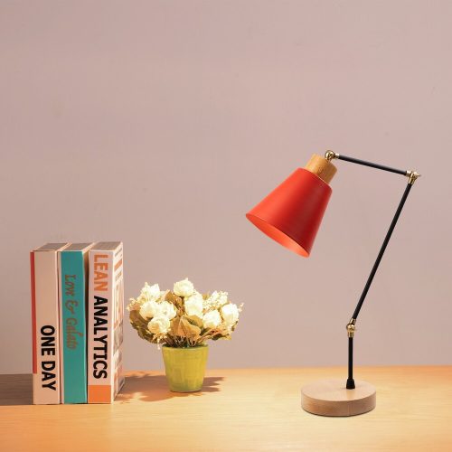 Modern Red Table Lamp, Iron Body with Hornbeam Base, 52 cm Height, E27 Socket, 40W Max, 200 cm Cable | Stylish & Functional Lighting for Home Decor