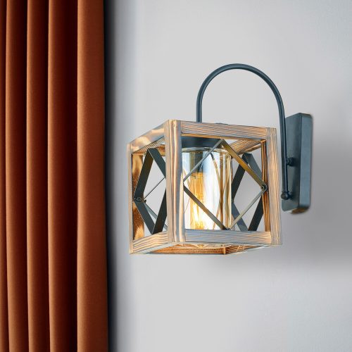 Stylish Wall Lamp, 30 cm Height, Walnut & Black, E27 Max 40W | 100% FIR TREE & Metal Frame | Modern Cubism/Surrealism Design for Rustic Spaces