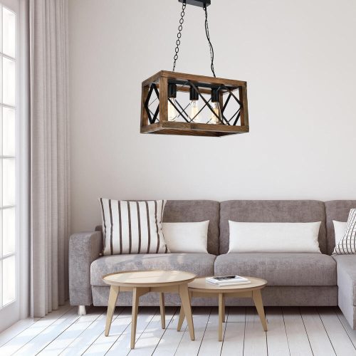 Elegant Rustic Chandelier, 100% Hornbeam & Metal, Adjustable Height 70 cm, 45 x 25 cm, E27 Max 40W, Walnut & Black | Perfect for Modern Spaces