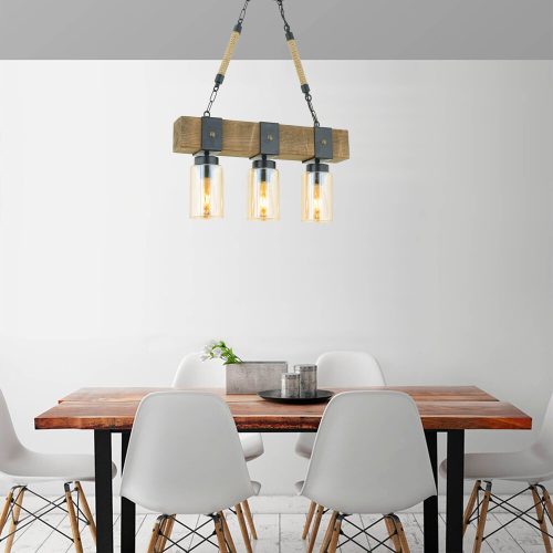 Nostalgic Rustic Chandelier, 70 cm Height, Walnut & Black, Adjustable E27 Socket (Max 40W) | 100% FIR TREE & Metal Frame | Elegant Lighting for Home
