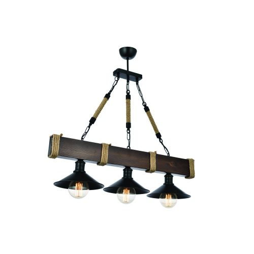 Industrial Chandelier, Adjustable Height 75 cm, Walnut & Black, 70 x 20 cm | 100% Hornbeam & Metal Frame | E27 Max 40W | Stylish Lighting for Modern Spaces