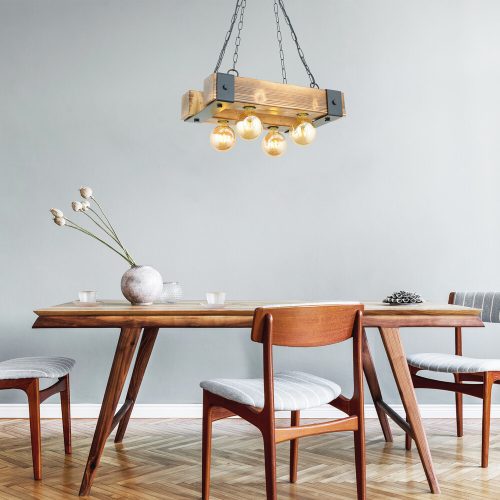 Rustic Chandelier, 100% Hornbeam & Metal, Adjustable Height 70 cm, 50 x 30 cm, E27 Max 40W, Walnut & Black | Elegant Lighting for Modern Spaces