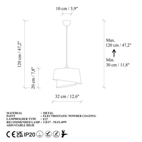 Opviq, 942FLG1671, Elegant white chandelier, adjustable height 30-120 cm, metal body, fabric cap, Ø32 and Ø22, E27 socket, perfect for modern home decoration, IP20 rating
