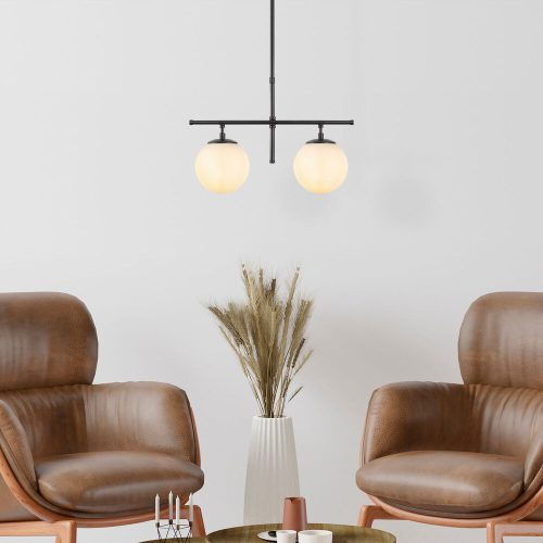 Modern Industrial Chandelier, Black & Cream, Adjustable Height 52 x 15 x 36-76 cm | Metal Body, Glass Cap, 2 x E14 Socket | Stylish Lighting for Home Decor