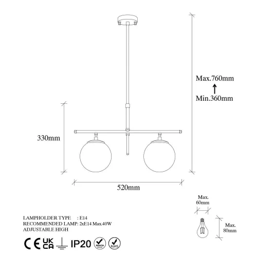Opviq, 942FLG1230, Modern industrial chandelier, black-cream, adjustable height 52 x 15 x 36-76 cm | Metal housing, glass cap | Stylish lighting for home decoration