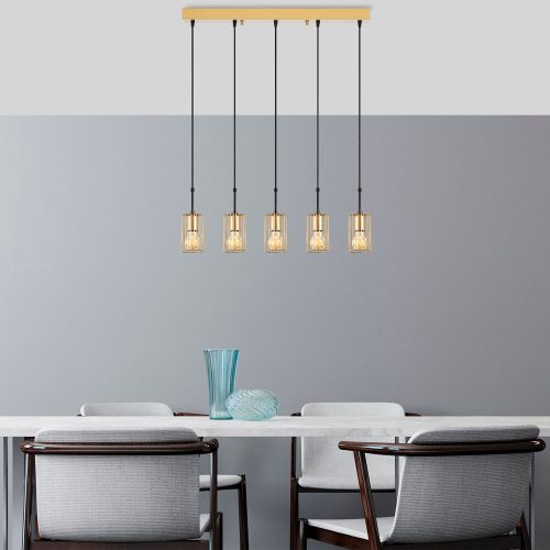 Elegant Shiny Gold Chandelier, Metal Body, 80 x 9 x 121 cm | Adjustable Height, 5 x E27 Sockets, Modern Design for Stylish Home Décor