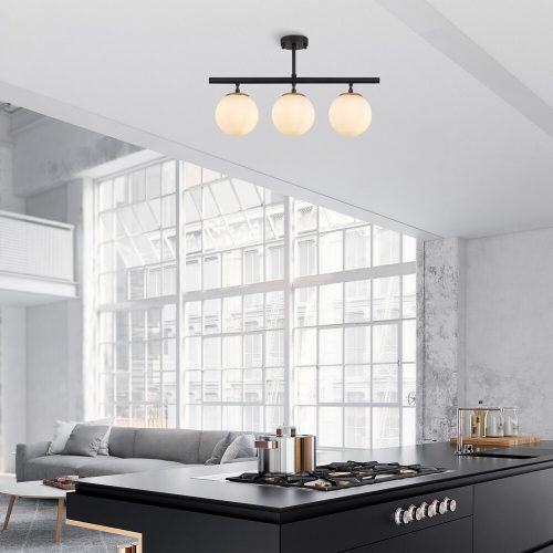 Modern Chandelier with Metal Body & Glass Cap, Black & Cream, 60 x 15 cm | 3 x E27 Socket, IP20 | Stylish Industrial & Scandinavian Design for Home