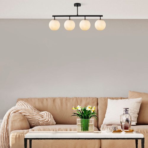 Modern Industrial Chandelier, Black & Gold, Adjustable Height, 70 x 15 x 35 cm | Metal Body, Glass Cap, 4 x E14 Socket | Stylish Lighting for Home & Office