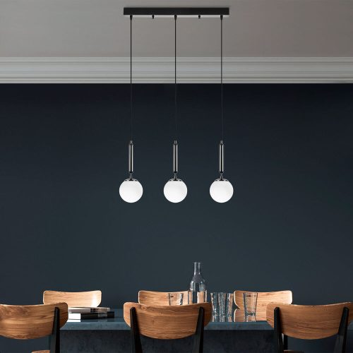 Modern Industrial Chandelier, Black & White, 62 x 15 x 134 cm | Metal Body, Glass Cap, Adjustable Height, 3 x E14 Socket | Stylish Scandinavian Design