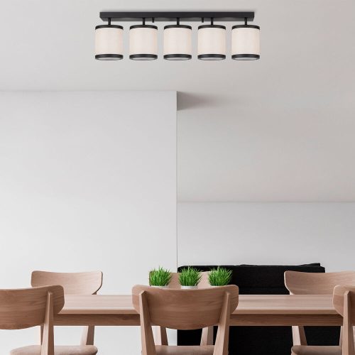 Modern Scandinavian Chandelier, Black & White, 84 x 20 x 21 cm | Metal Body, Fabric Cap, 5 x E27 Socket | Elegant Lighting for Home & Office