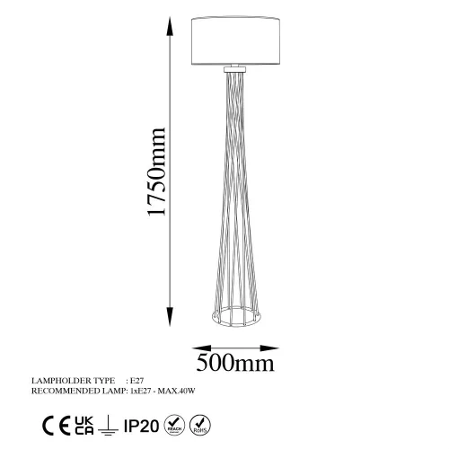 Opviq, 942FLG1549, Elegant white floor lamp, metal housing, 50 cm width x 175 cm height | IP20, E27 Socket, 40W Max, 200 cm Cable | Perfect for modern living spaces