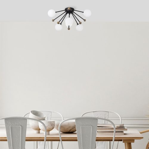 Modern Industrial Chandelier, Black & Antique White, 50 x 50 x 28 cm | Metal Body, Glass Cap, 6 x G9 Socket (Bulb Not Included) | Stylish Scandinavian Design