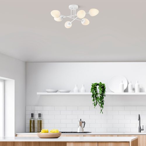 Modern White Chandelier, 81 x 81 cm, Metal Body & Glass Cap, 6 x E14 Socket, Elegant Scandinavian Design, Perfect for Home & Office Lighting