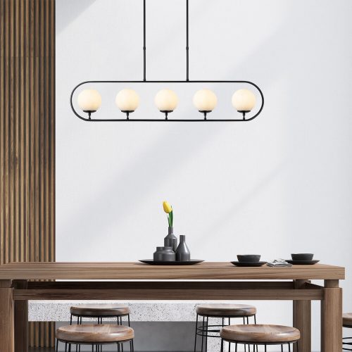 Modern Chandelier with Metal Body & Glass Cap, Black & Cream, 122 x 15 cm | Adjustable Height 49-91 cm | 5 x E14 Socket, Stylish Industrial Design