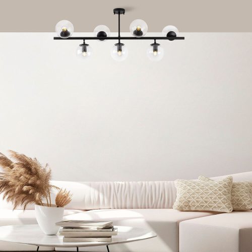 Modern Black Chandelier, 113 x 40 x 46 cm, Metal Body & Glass Cap, 7 x E14 Sockets, Industrial Scandinavian Design, Perfect for Home & Office