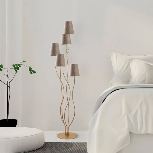 Elegant Floor Lamp with Metal Body, Gold & Beige, 44 x 44 x 160 cm | Fabric Cap (14 cm Dia, 16 cm H) | 5 x E14 Socket, Perfect for Glamorous Interiors