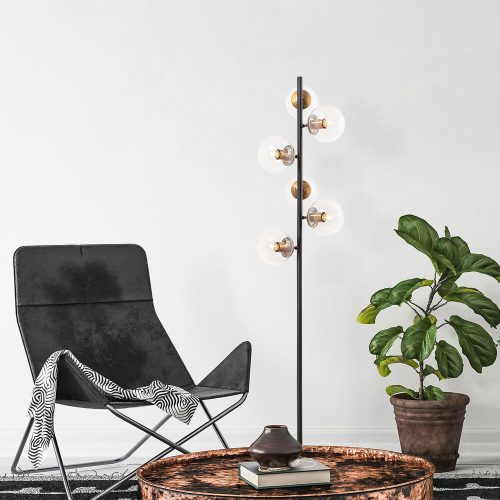 Modern Floor Lamp with Metal Body & Glass Cap, 35 x 22 x 163 cm | 6 x E14 Socket, Black & Antique Finish | Stylish Lighting for Glam & Scandinavian Decor