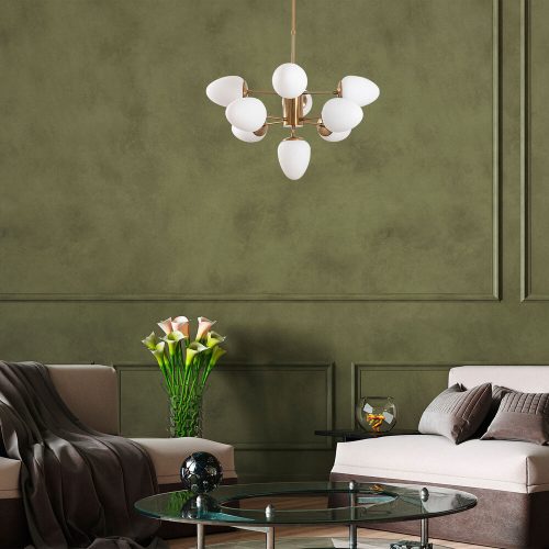 Elegant Copper Chandelier, Adjustable Height 67x67x61-85 cm, 9 E14 Sockets, Vintage Design, Metal Body & Glass Caps, Perfect for Modern Spaces