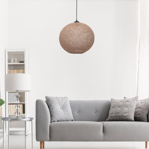 Handmade Jute Chandelier, Cream Color, 34 cm Cap Length, 38 cm Diameter, Adjustable Cable, Total Height 70 cm, E27 Max 40W | Scandinavian Solid Color Design