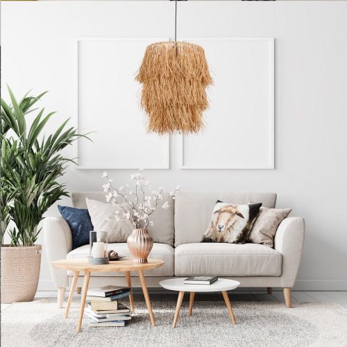Rustic Chandelier with Raffia Cap, Metal Body, Adjustable Cable, 20 cm Length, 30 cm Diameter, E27 Socket, 115 cm Height | Perfect for Cabin & Lodge Decor