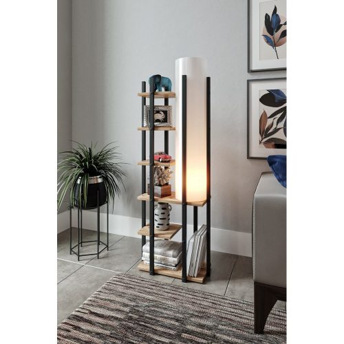 Opviq, 390FLH2155, Elegant floor lamp with chipboard housing, black/white/natural, 135 cm high | Fabric hat (21x21 cm) | On/Off switch, CE certified, E27 socket
