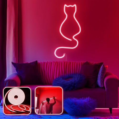 Flexible Red Neon LED Wall Lighting, 200 cm, IP67 Waterproof, DC 12V, 350 cm Cord, 36W Max, Includes Double-Sided Tape | Perfect for Home Decor & Parties