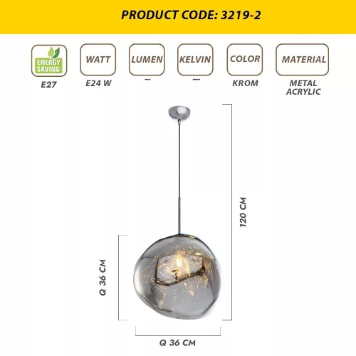 Opviq, 414LRC1260, Modern chrome chandelier, diameter 36 cm, height 120 cm | Acrylic body, E27 socket, energy saving | Elegant silver design for home and office use