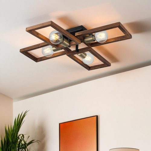 Elegant Metal Chandelier with Wooden Cap, Antiquation & Black Finish, 12 cm Height, 4 x E27 Sockets (Max 40W) | Stylish Lighting for Modern Spaces