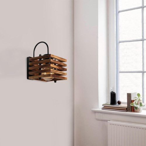 Stylish Wall Lamp with Metal Body & Wooden Cap, 18 cm Diameter, 27 cm Height | E27 Socket, Max 40W, Brown | Modern Industrial Rustic Design for Home