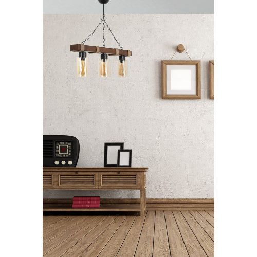 Industrial Rustic Chandelier, Wooden Body with Glass Cap, 70 cm Height, 18 cm Diameter, Adjustable, Yellow Finish | E27 Socket, Max 40W, 220-240V