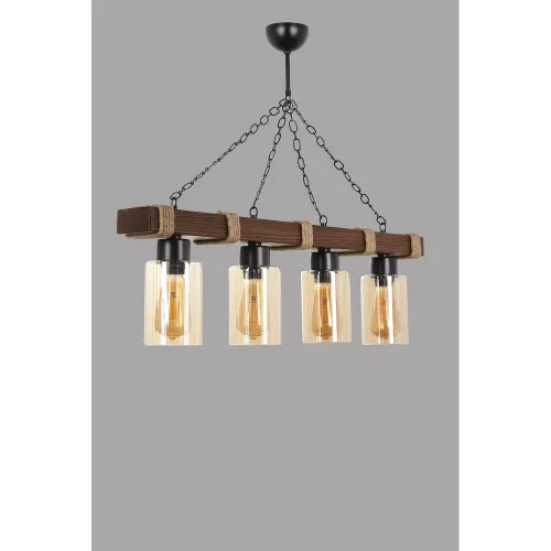 Opviq, 534LUN3371, Industrial Rustic Chandelier, Wood Body with Glass Cap, 85cm Length, 70cm Height, Adjustable, Yellow Finish, E27 Socket, Max 40W, Perfect for Country and Southwestern Decor