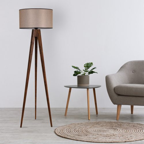 Industrial Scandinavian Floor Lamp, Walnut Wood Body, 153 cm Height, 45 cm Fabric Cap | E27 Socket, On/Off Switch, Stylish & Functional Lighting