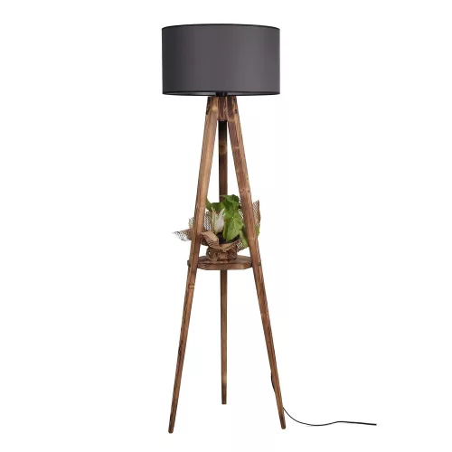 Opviq, 534LUN2178, Industrial Scandinavian floor lamp, wooden housing with fabric cap, 153 cm height, 24 cm cap, 26x26 cm shelf, on/off switch, brown and gray finish