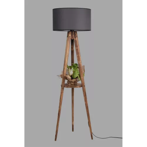 Opviq, 534LUN2178, Industrial Scandinavian floor lamp, wooden housing with fabric cap, 153 cm height, 24 cm cap, 26x26 cm shelf, on/off switch, brown and gray finish